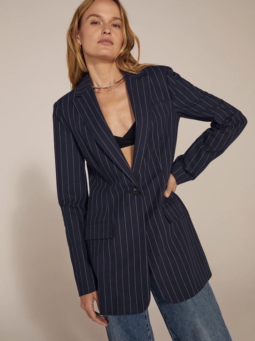 Favorite Daughter The Breakup Blazer in Navy Pinstripe Jacket